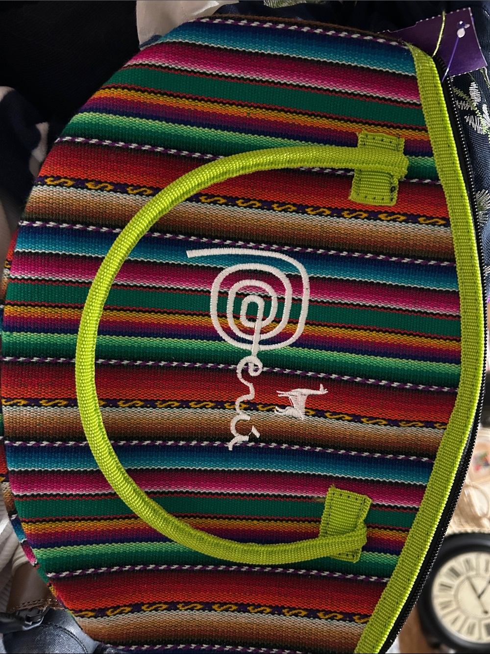 Peruvian Colorful Striped Women’s Handbag with Lime Trim, Zippered Top Closure